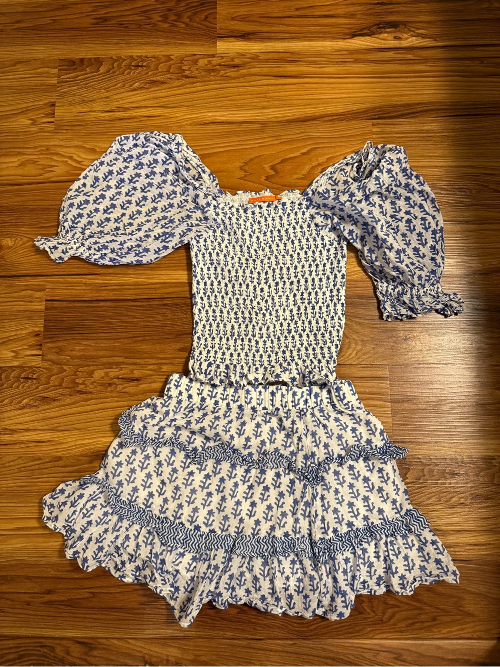 Oliphant • Set • Blue and White Smocked top with Puff Sleeve and matching skirt